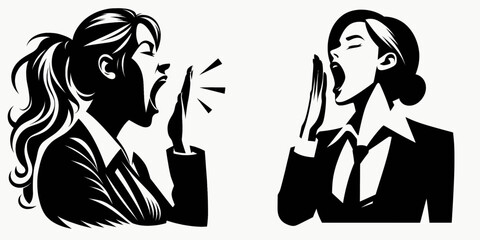 Business woman yawning widely. Corporate Finance Cartoon Minimal Clipart Line Art Vector Illustration. Female professional gaping feeling exhaustion a need for rest career break.