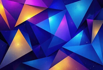 Abstract geometric artwork featuring overlapping, luminous triangles in shades of blue, purple, and orange, set against a dark, subtly textured background with flecks of light