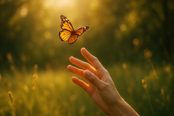 Hand holds butterfly in mid-air.
