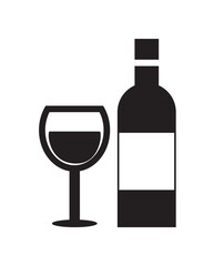Simple black and white illustration of a wine bottle and a filled glass.