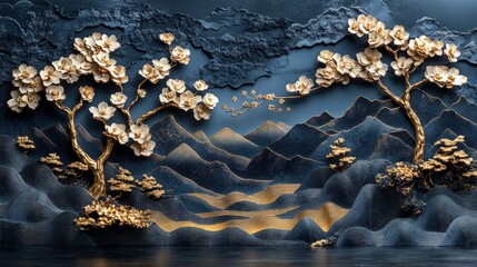 Elegant, textured, 3D wall mural featuring blooming trees and mountains