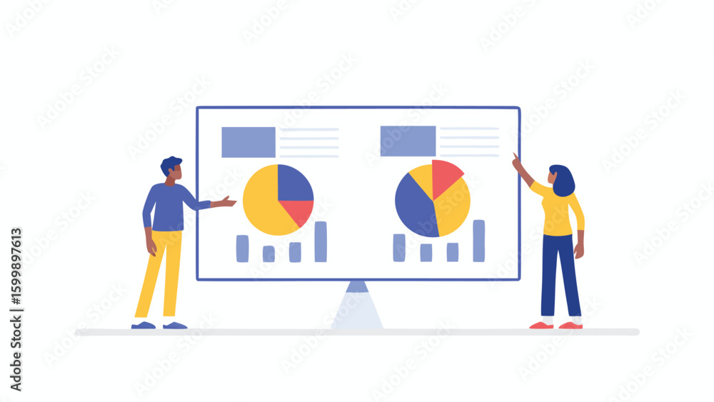 Poster people presenting data on a screen with pie charts and bar graphs in a business presentation setting