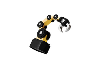 3d Mechanical arm in the isolated on white background, industrial robot, robot arm. Minimal Yellow & Black robotic arm with grey gripper standing. 3d rendering.
