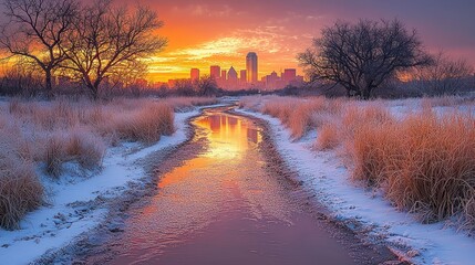Dallas Skyline Winter Sunrise Reflection