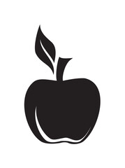Black silhouette of an apple with a stem and leaf, isolated on a white background.