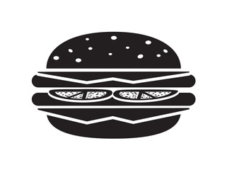 A simple black and white illustration of a complete hamburger with all the fixings.