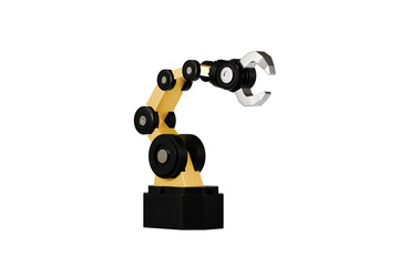 3d Mechanical arm in the isolated on white background, industrial robot, robot arm. Minimal Yellow & Black robotic arm with grey gripper standing. 3d rendering.