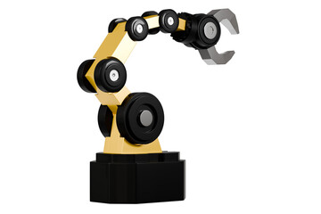 3d Mechanical arm in the isolated on white background, industrial robot, robot arm. Minimal Yellow & Black robotic arm with grey gripper standing. 3d rendering.