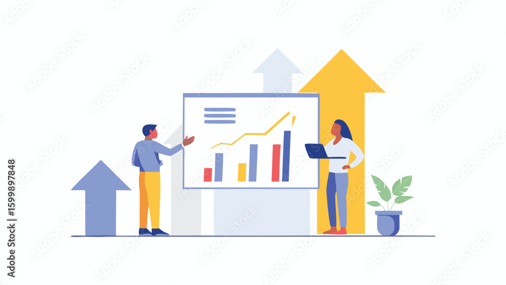 Aufkleber people presenting a chart with rising bars and a line graph with arrows and a plant in the backgroun
