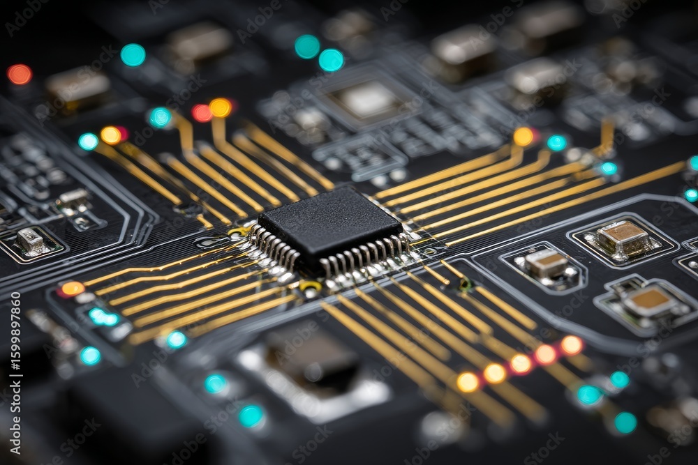 Poster close-up view of a circuit board showcasing intricate chip details and vibrant led lights in an elec