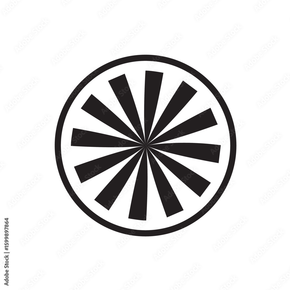 Poster abstract circular design featuring radiating black blades within a thin circle. a simple, graphic re
