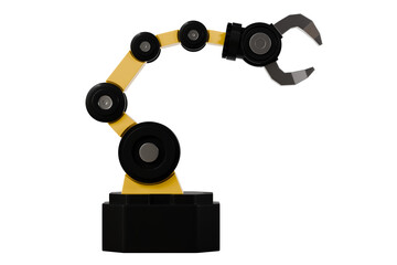 3d Mechanical arm in the isolated on white background, industrial robot, robot arm. Minimal Yellow & Black robotic arm with grey gripper standing. 3d rendering.