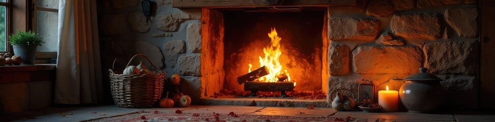 Cozy and inviting hearth, glowing embers casting a warm light on a rustic stone fireplace Perfect for autumn, winter, or a romantic evening , fireside, serenity