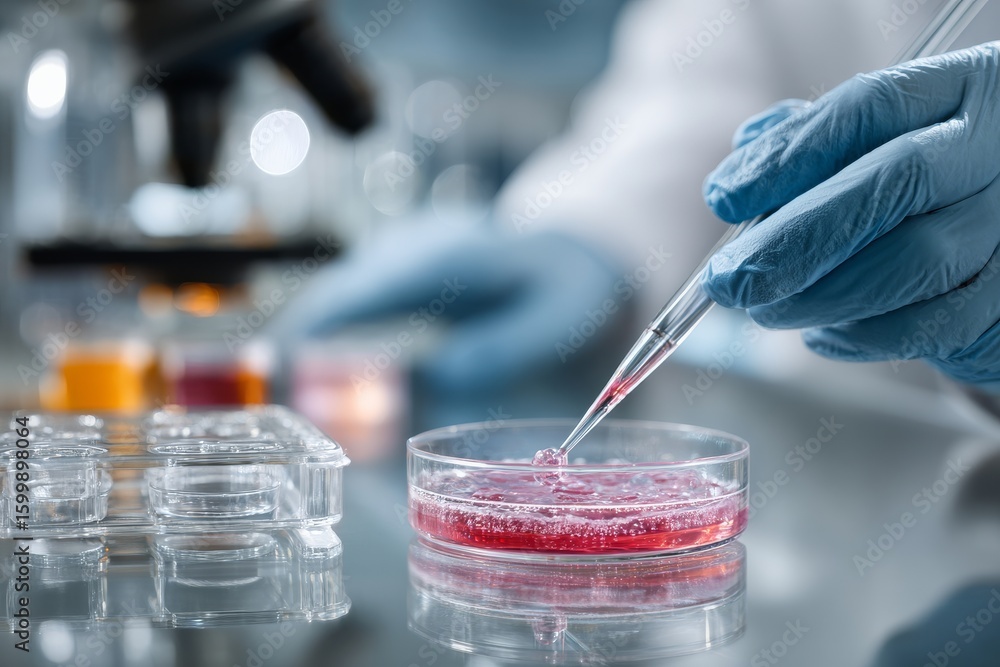 Poster lab technician conducts experiment with petri dish and pipette in laboratory setting during afternoo
