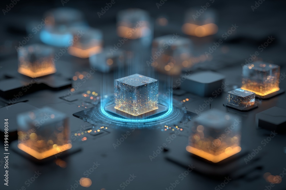 Poster digital technology visualizes interconnected data cubes glowing on a dark circuit board in a futuris
