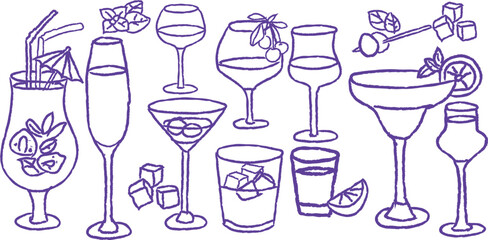 Hand drawn grungy cocktail glasses with citrus, herbs, cherries, and ice cubes in trendy purple stroke. A playful modern bar sketch, perfect for nightlife branding, mixology merch, or chill vibes art.