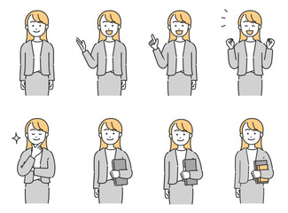 Fototapeta premium 様々な表情をする、スーツを着た女性のポーズイラスト集