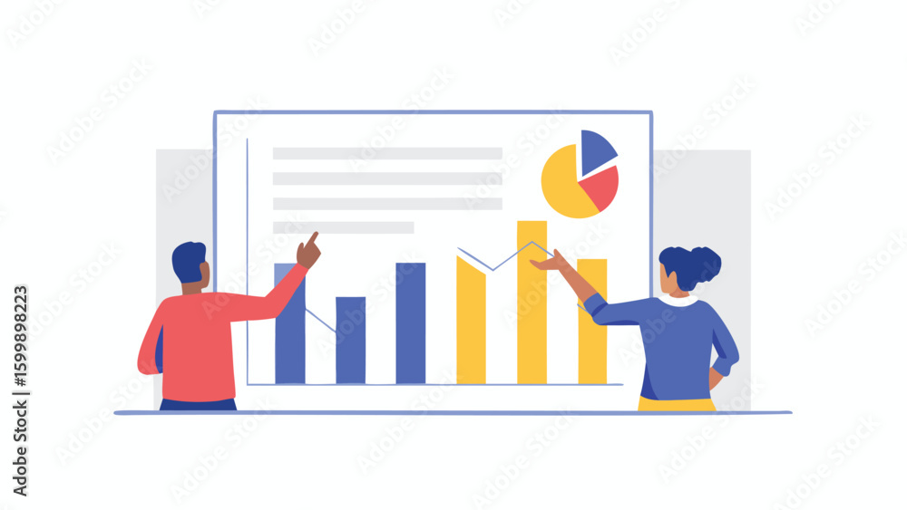 Aufkleber two people analyzing a bar chart and a pie chart for business performance and data visualization