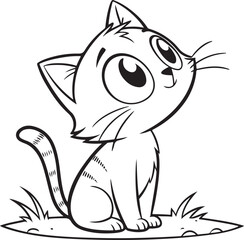 Cute Cartoon Cat Vector in Black and White Line Art Style for Sticker or Coloring Page

