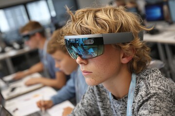 Students engaged in immersive technology experience with smart glasses in a classroom setting