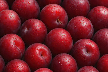 Red apples with water droplets stacked in a perfect pyramid.
