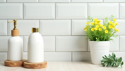 White ceramic dispensers and yellow flowers on a light wood surface against a white subway tile background