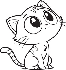 Cute Cartoon Cat Vector in Black and White Line Art Style for Sticker or Coloring Page

