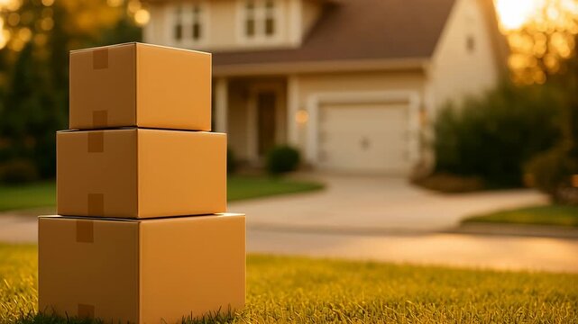 Tariff, trade war. Stack of three cardboard moving boxes grass front of suburban house with car parked driveway during golden hour and sunset light