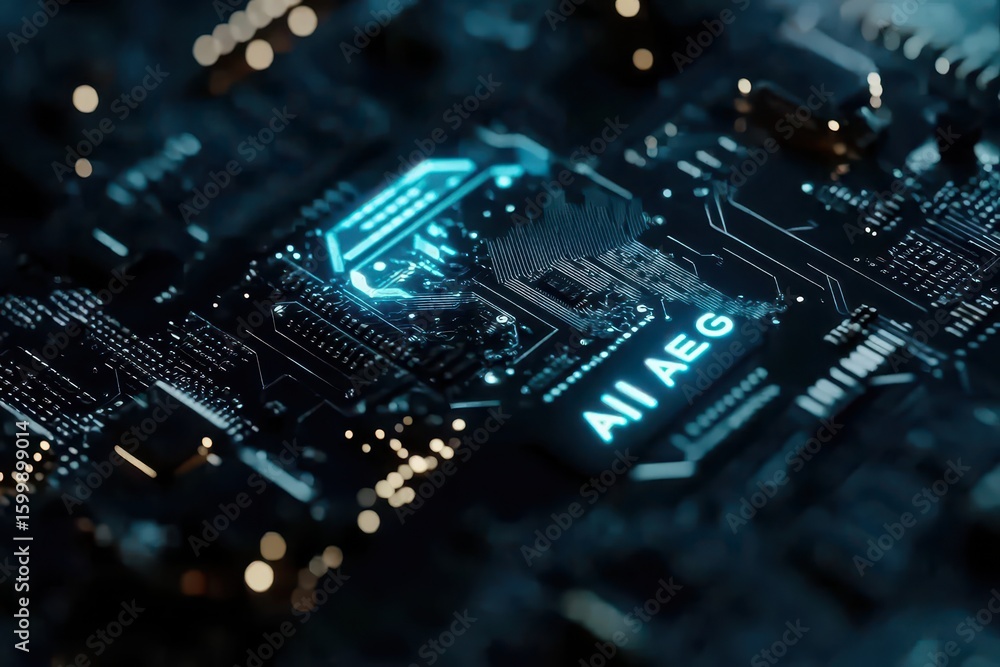 Fototapete close-up view of a circuit board with glowing text.