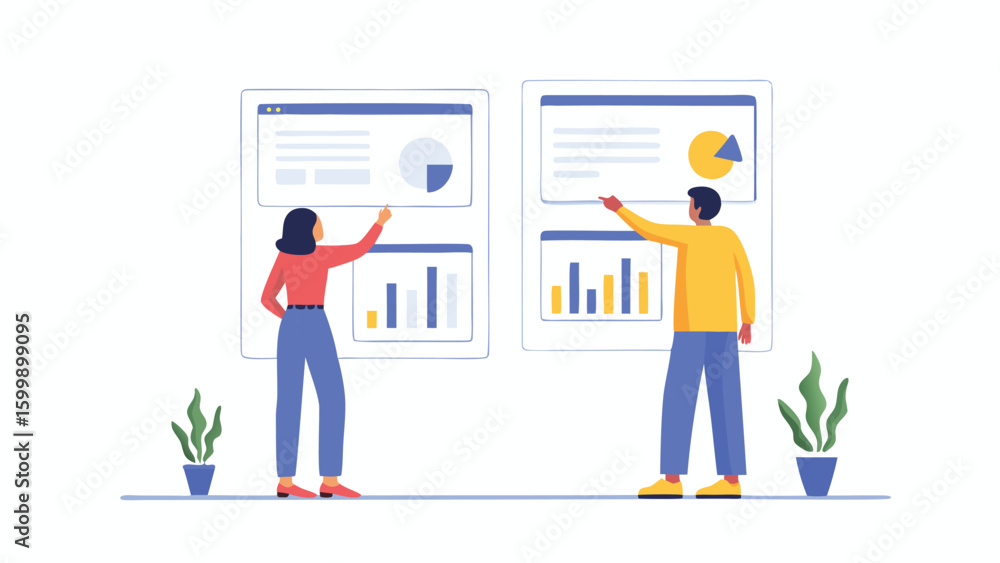 Aufkleber two people analyzing data on dashboards with charts and graphs for business presentations and report
