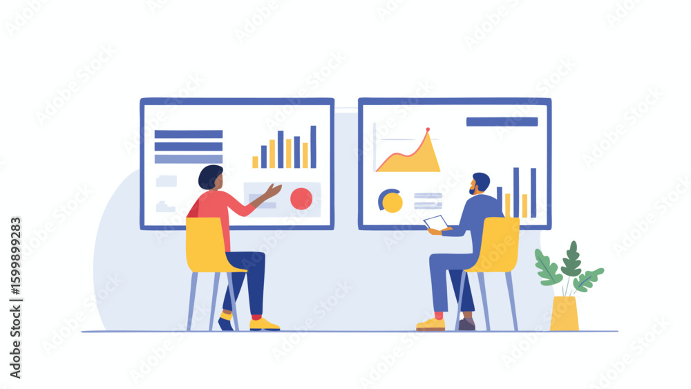 Aufkleber two people sitting in front of boards with graphs and data presenting information and discussing