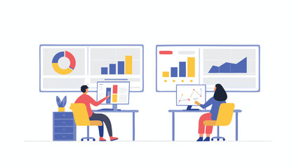 Two people analyzing data on computers with charts and graphs in a bright and modern office setting