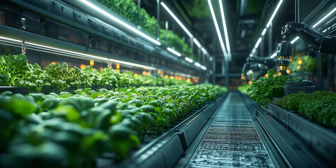 A large indoor vertical farm uses hydroponic systems to grow crops efficiently