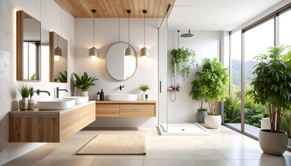 Fototapeta premium Modern bathroom with plants, and mountain view.