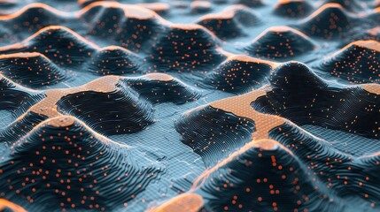 Abstract Digital Landscape: A mesmerizing visualization of data as a three-dimensional terrain, glowing with orange accents.
