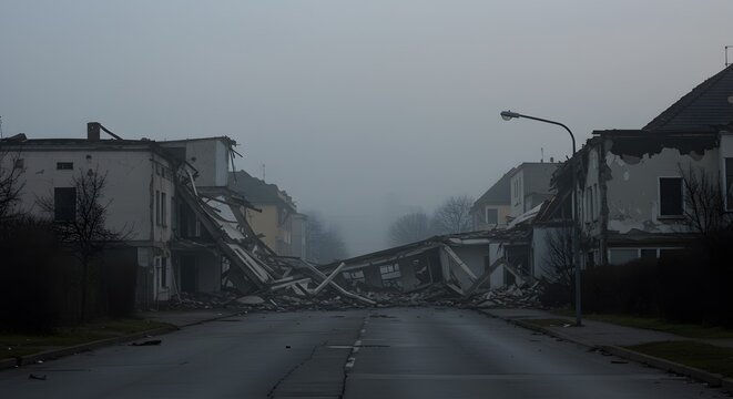 Eerie view of a deserted street with demolished houses and rubble littering the road, creating an apocalyptic scene of urban decay under a thick, somber gray fog.