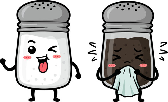 Salt and pepper shaker cartoon illustration cute kawaii style kitchen seasoning condiment food drawing art 100 vector