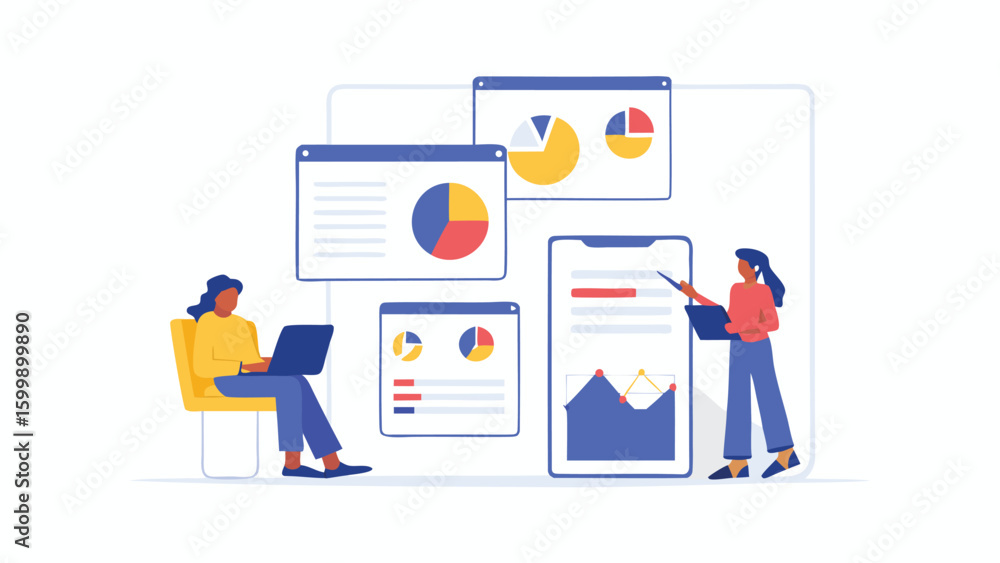 Aufkleber two people analyzing data with charts and graphs on screens and a mobile device in a modern setting