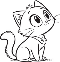 Cute Cartoon Cat Vector in Black and White Line Art Style for Sticker or Coloring Page

