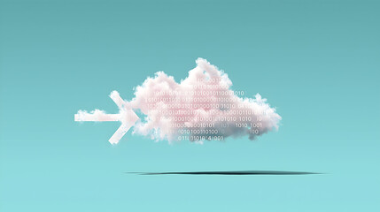 A digital cloud composed of binary code floats above a flat surface against a blue background, symbolizing cloud computing or data storage.