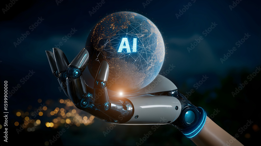 Poster a robotic hand holds a glowing sphere with the letters 