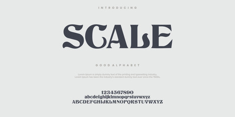 SCALE Abstract Fashion font alphabet. Minimal modern urban fonts for logo, brand etc. Typography typeface uppercase lowercase and number. vector illustration