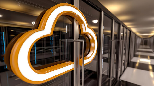 A glowing cloud-shaped icon on a glass door highlights a modern data center corridor filled with server racks and ambient lighting. - Powered by Adobe