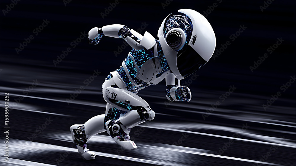 Poster a sleek humanoid robot in a sprint start pose on a reflective surface, symbolizing speed, technology