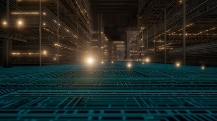 A futuristic digital cityscape with glowing circuit lines and illuminated grid structures extending into the distance, representing advanced technology and data flow.