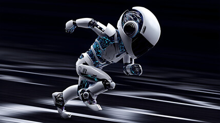 A sleek humanoid robot in a sprint start pose on a reflective surface, symbolizing speed, technology, and futuristic innovation.