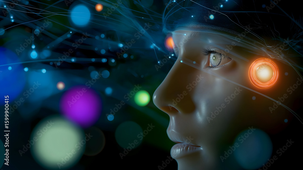 Poster a futuristic human face with digital and neural connections symbolizing artificial intelligence and 