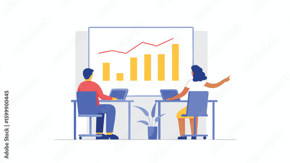 Aufkleber two people at desks with laptops looking at a bar graph and line graph presentation on a screen