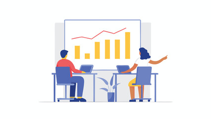 Two people at desks with laptops looking at a bar graph and line graph presentation on a screen
