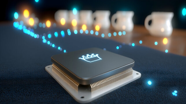 A futuristic microchip glowing with a crown icon, surrounded by light trails and blurred ceramic cups on a wooden surface. - Powered by Adobe